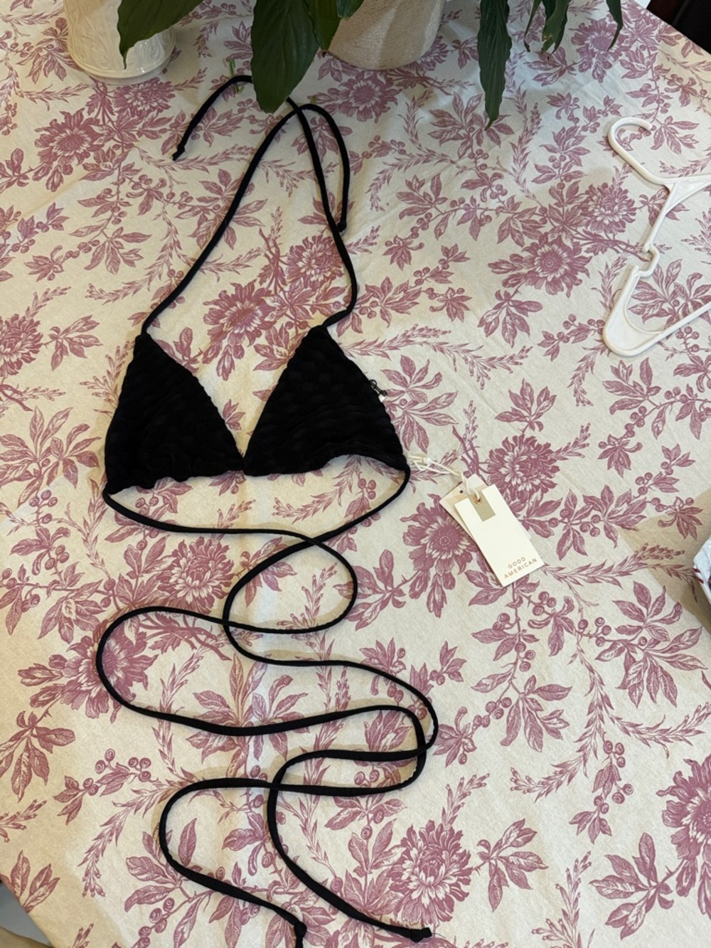 NWT Good American wrap cross waist Black Triangle Bikini Top, terry cloth sz 0/S